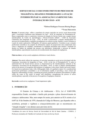 Serviço social e o reconhecimento do processo de negligência: desafios e possibilidades à atuação interdisciplinar na Associação Catarinense para Integração do Cego - ACIC