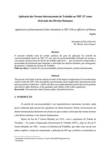 Aplicação das Normas Internacionais do Trabalho no TRT 12º como efetivação dos Direitos Humanos