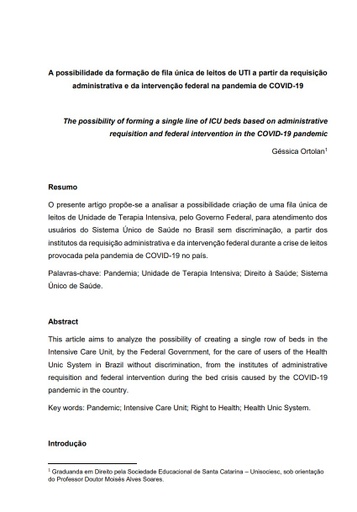 A possibilidade da formação de fila única de leitos de UTI a partir da requisição administrativa e da intervenção federal na pandemia de COVID-19