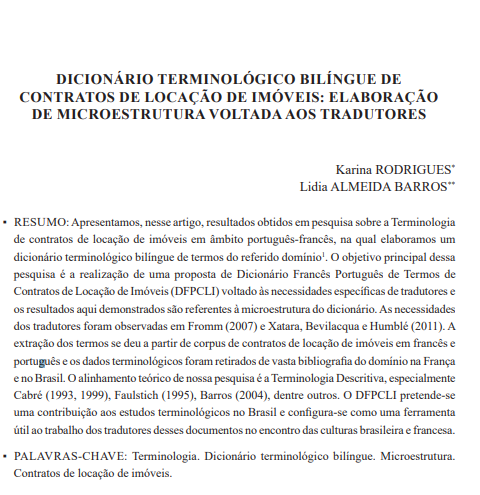 DICIONÁRIO TERMINOLÓGICO BILÍNGUE DE CONTRATOS DE LOCAÇÃO DE IMÓVEIS: ELABORAÇÃO DE MICROESTRUTURA VOLTADA AOS TRADUTORES