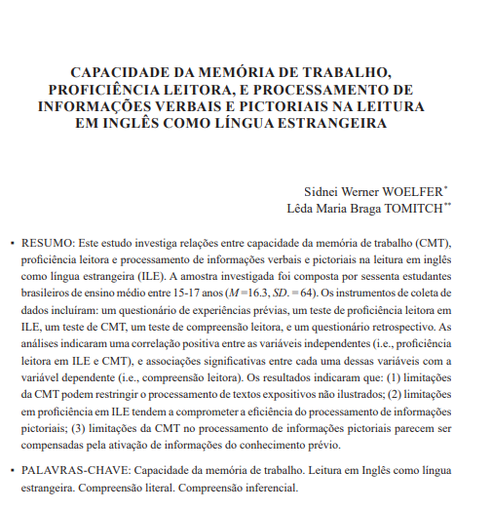 CAPACIDADE DA MEMÓRIA DE TRABALHO, PROFICIÊNCIA LEITORA, E PROCESSAMENTO DE INFORMAÇÕES VERBAIS E PICTORIAIS NA LEITURA EM INGLÊS COMO LÍNGUA ESTRANGEIRA