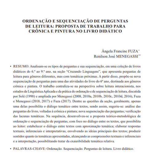 ORDENAÇÃO E SEQUENCIAÇÃO DE PERGUNTAS DE LEITURA: PROPOSTA DE TRABALHO PARA CRÔNICA E PINTURA NO LIVRO DIDÁTICO