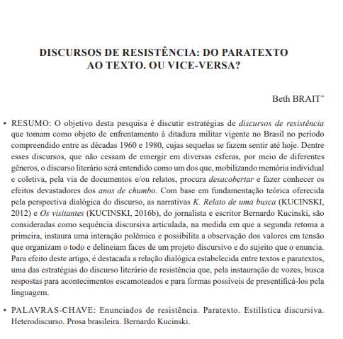 DISCURSOS DE RESISTÊNCIA: DO PARATEXTO AO TEXTO. OU VICE-VERSA?