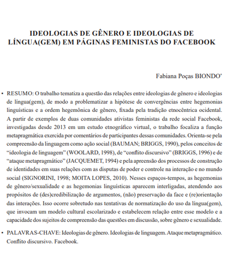 IDEOLOGIAS DE GÊNERO E IDEOLOGIAS DE LÍNGUA(GEM) EM PÁGINAS FEMINISTAS DO FACEBOOK