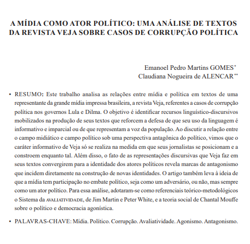 A MÍDIA COMO ATOR POLÍTICO: UMA ANÁLISE DE TEXTOS DA REVISTA VEJA SOBRE CASOS DE CORRUPÇÃO POLÍTICA