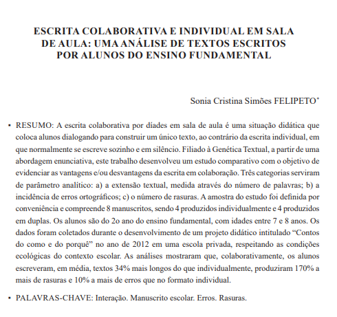 ESCRITA COLABORATIVA E INDIVIDUAL EM SALA DE AULA: UMA ANÁLISE DE TEXTOS ESCRITOS POR ALUNOS DO ENSINO FUNDAMENTAL