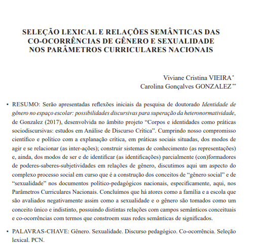 SELEÇÃO LEXICAL E RELAÇÕES SEMÂNTICAS DAS CO-OCORRÊNCIAS DE GÊNERO E SEXUALIDADE NOS PARÂMETROS CURRICULARES NACIONAIS