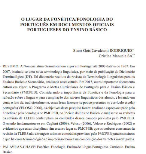 O LUGAR DA FONÉTICA/FONOLOGIA DO PORTUGUÊS EM DOCUMENTOS OFICIAIS PORTUGUESES DO ENSINO BÁSICO