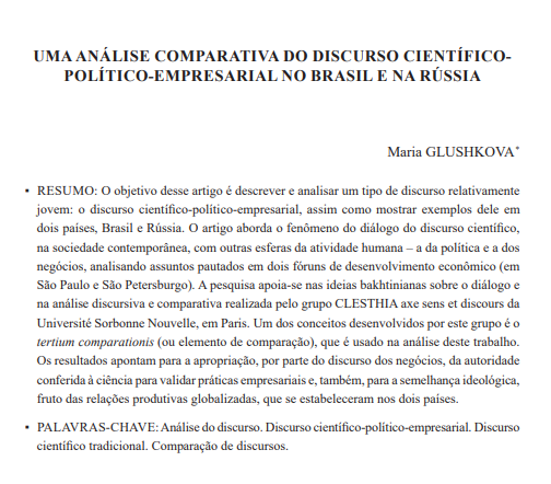 UMA ANÁLISE COMPARATIVA DO DISCURSO CIENTÍFICOPOLÍTICO-EMPRESARIAL NO BRASIL E NA RÚSSIA