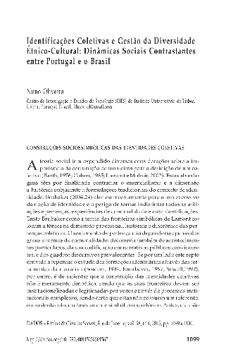 Identificações Coletivas e Gestão da Diversidade Étnico-Cultural: Dinâmicas Sociais Contrastantes entre Portugal e o Brasil