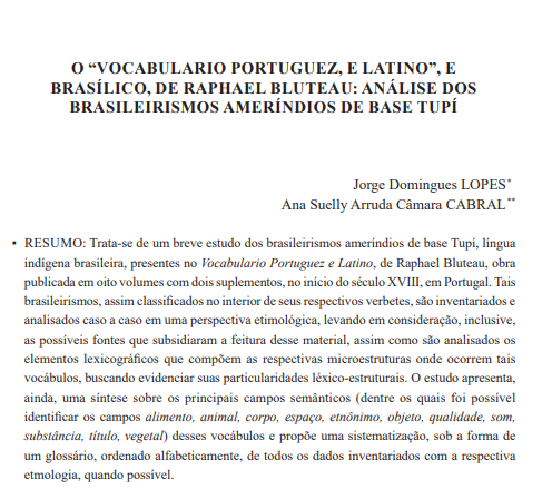 O “VOCABULARIO PORTUGUEZ, E LATINO”, E BRASÍLICO, DE RAPHAEL BLUTEAU: ANÁLISE DOS BRASILEIRISMOS AMERÍNDIOS DE BASE TUPÍ