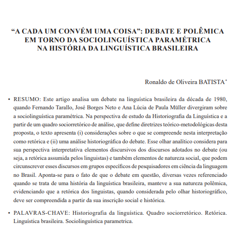 “A CADA UM CONVÉM UMA COISA”: DEBATE E POLÊMICA EM TORNO DA SOCIOLINGUÍSTICA PARAMÉTRICA NA HISTÓRIA DA LINGUÍSTICA BRASILEIRA