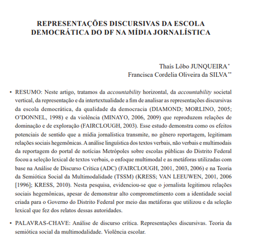 REPRESENTAÇÕES DISCURSIVAS DA ESCOLA DEMOCRÁTICA DO DF NA MÍDIA JORNALÍSTICA