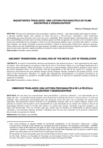 Inquietantes traslados: uma leitura psicanalítica do filme Encontros e Desencontros