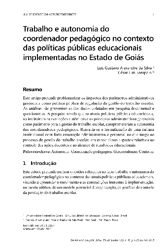 Trabalho e autonomia do coordenador pedagógico no contexto das políticas públicas educacionais implementadas no Estado de Goiás