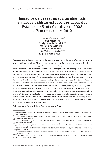 Impactos de desastres socioambientais em saúde pública: estudos dos casos dos Estados de Santa Catarina em 2008 e Pernambuco em 2010