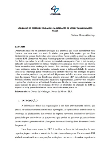 Utilização da gestão de mudanças na alteração de um ERP para minimizar riscos