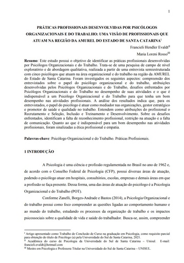 Práticas profissionais desenvolvidas por psicólogos organizacionais e do trabalho: uma visão de profissionais que atuam na região da AMUREL do Estado de Santa Catarina