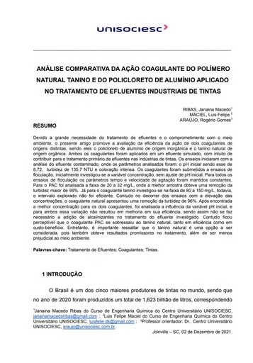 Análise comparativa da ação coagulante do polímero natural tanino e do policloreto de alumínio aplicado no tratamento de efluentes industriais de tintas