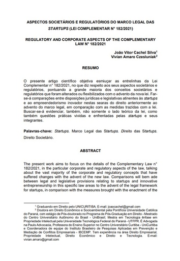 Aspectos societários e regulatórios do marco legal das startups (lei complementar n° 182/2021)