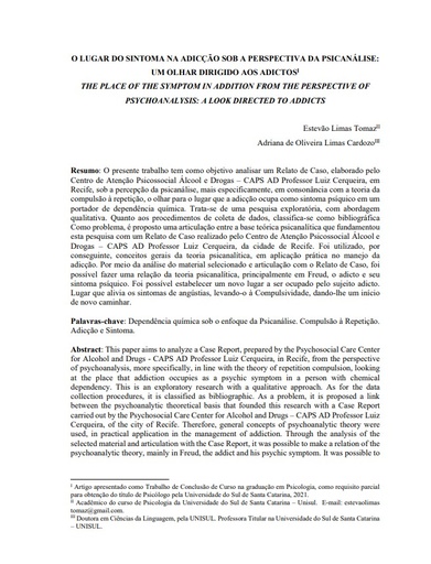 O lugar do sintoma na adicção sob a perspectiva da psicanálise: um olhar dirigido aos adictos