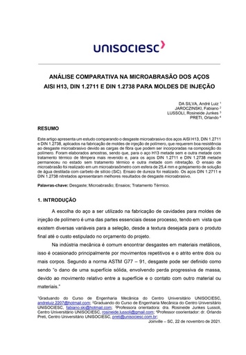 Análise comparativa na microabrasão dos aços AISI H13, DIN 1.2711 e DIN 1.2738 para moldes de injeção