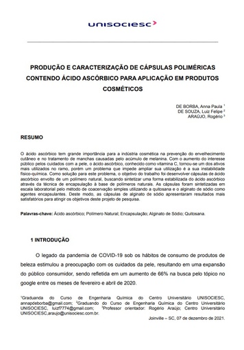 Produção e caracterização de cápsulas poliméricas contendo ácido ascórbico para aplicação em produtos cosméticos