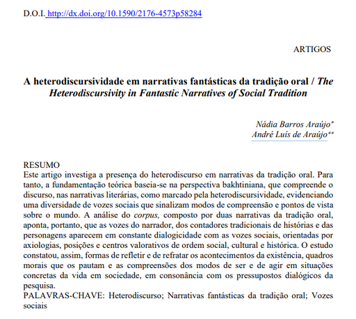 A heterodiscursividade em narrativas fantásticas da tradição oral / The Heterodiscursivity in Fantastic Narratives of Social Tradition