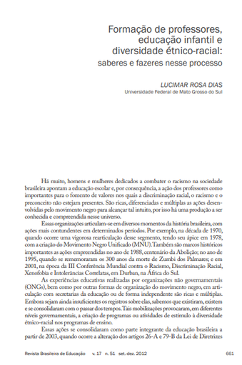 Formação de professores, educação infantil e diversidade étnico-racial: saberes e fazeres nesse processo