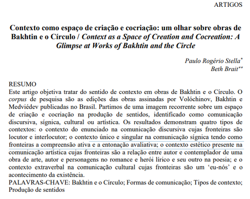 Contexto como espaço de criação e cocriação: um olhar sobre obras de Bakhtin e o Círculo / Context as a Space of Creation and Cocreation: A Glimpse at Works of Bakhtin and the Circle