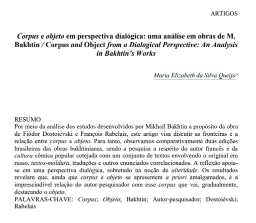 Corpus e objeto em perspectiva dialógica: uma análise em obras de M. Bakhtin / Corpus and Object from a Dialogical Perspective: An Analysis in Bakhtin’s Works
