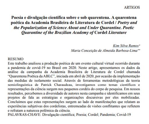 Poesia e divulgação científica sobre e sob quarentena. A quarentena poética da Academia Brasileira de Literatura de Cordel / Poetry and the Popularization of Science About and Under Quarantine. Poetic Quarantine of the Brazilian Academy of Cordel Literature
