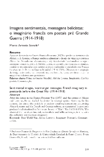 Imagens sentimentais, mensagens belicistas: o imaginário francês em postais pré Grande Guerra (1914-1918)