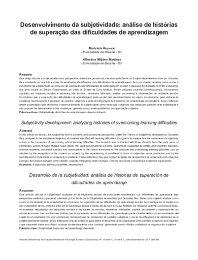 Desenvolvimento da subjetividade: análise de histórias de superação das dificuldades de aprendizagem