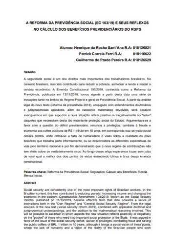 A reforma da previdência social (EC 103/19) e seus reflexos no cálculo dos benefícios previdenciários do RGPS