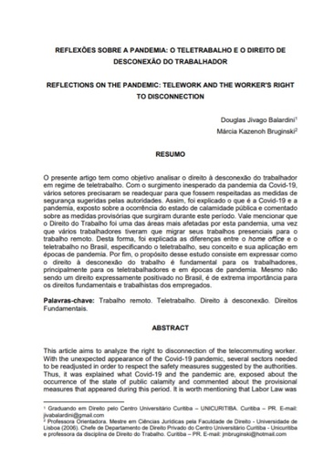 Reflexões sobre a pandemia: o tele trabalho e o direito de desconexão do trabalhador