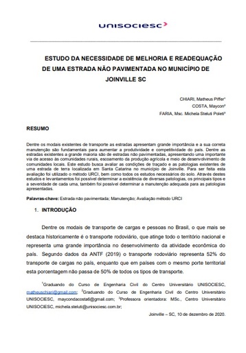 Estudo da necessidade de melhoria e readequação de uma estrada não pavimentada no município de Joinville SC