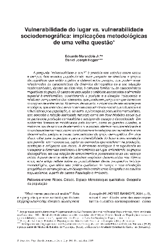 Vulnerabilidade do lugar vs. vulnerabilidade sociodemográfica: implicações metodológicas de uma velha questão