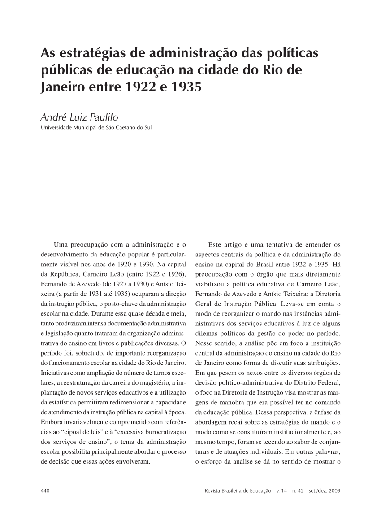 As estratégias de administração das políticas públicas de educação na cidade do Rio de Janeiro entre 1922 e 1935