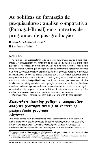 As políticas de formação de pesquisadores: análise comparativa (Portugal-Brasil) em contextos de programas de pós-graduação