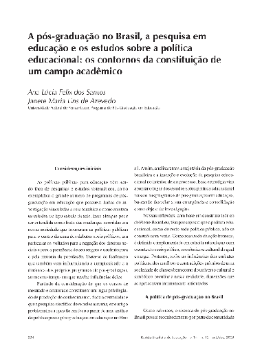 A pós-graduação no Brasil, a pesquisa em educação e os estudos sobre a política educacional: os contornos da constituição de um campo acadêmico