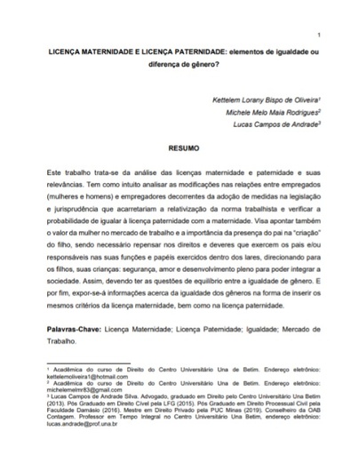 LICENÇA MATERNIDADE E LICENÇA PATERNIDADE: elementos de igualdade ou diferença de gênero?