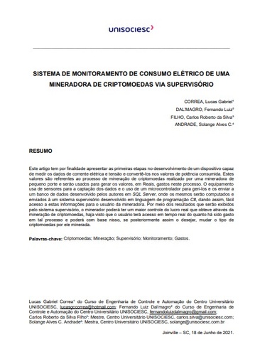 Sistema de monitoramento de consumo elétrico de uma mineradora de criptomoedas via supervisório