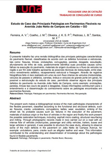 Estudo de caso das principais patologias em pavimentos flexíveis na Avenida João Netto de Campos em Catalão – GO