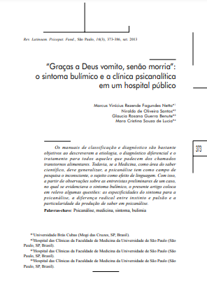 &quot;Graças a Deus vomito, senão morria&quot;: o sintoma bulímico e a clínica psicanalítica em um hospital público