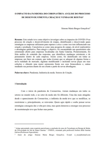 O impacto da pandemia do Coronavírus: Análise do processo de desenvolvimento, criação e venda de roupas