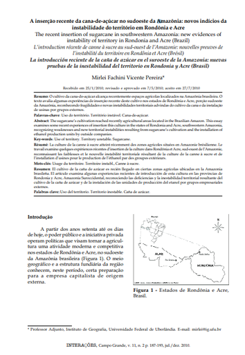 A inserção recente da cana-de-açúcar no sudoeste da Amazônia: novos indícios da instabilidade do território em Rondônia e Acre