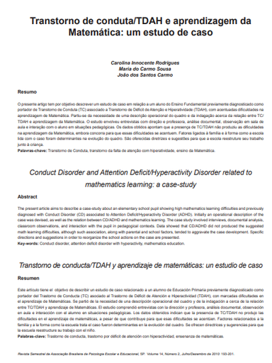 Transtorno de conduta/TDAH e aprendizagem da Matemática: um estudo de caso