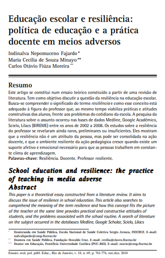 Educação escolar e resiliência: política de educação e a prática docente em meios adversos