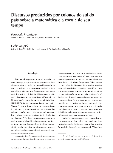 Discursos produzidos por colonos do sul do país sobre a matemática e a escola de seu tempo